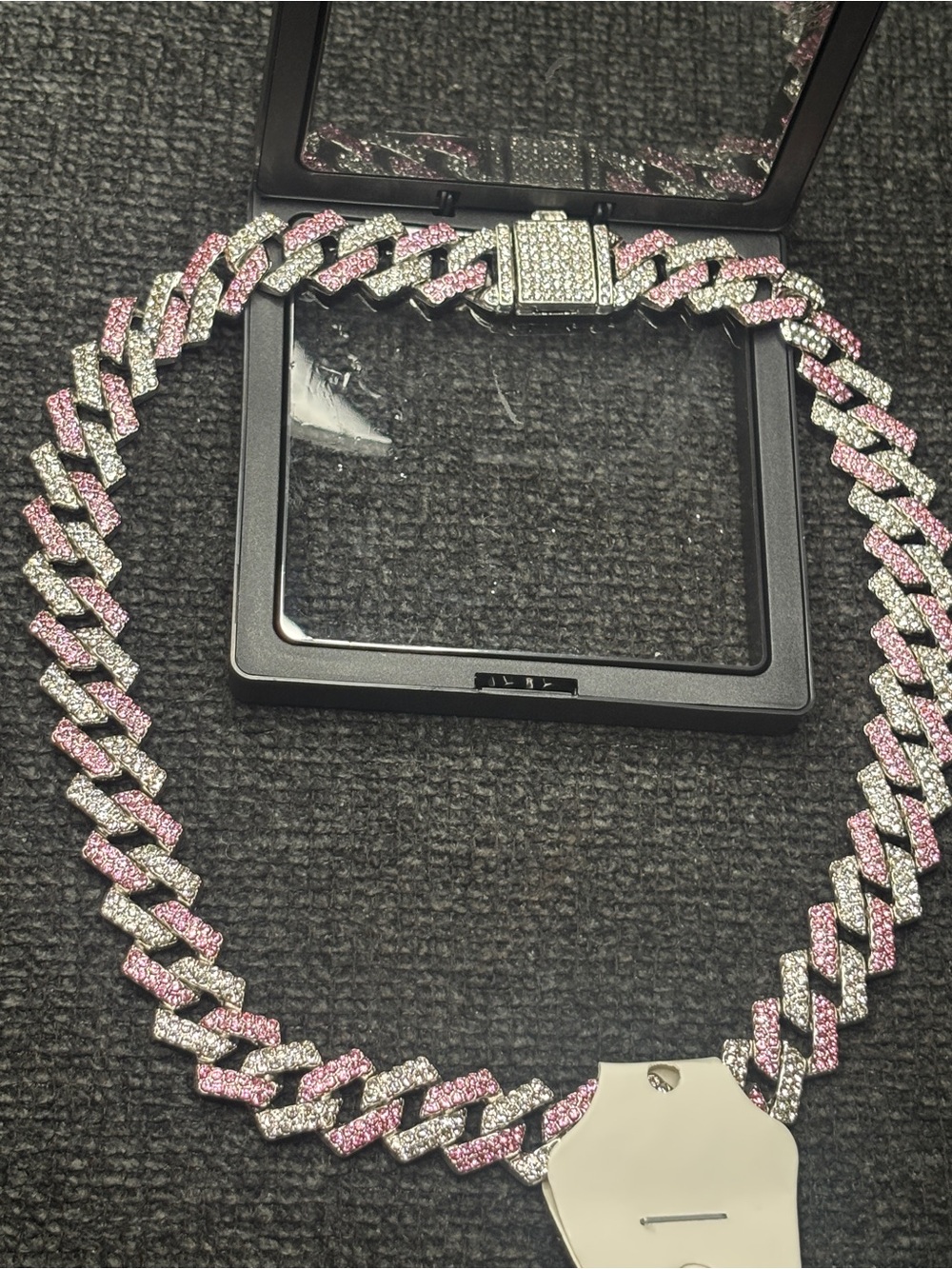 Pink and Silver Cuban Link Necklace with Pave Crystals